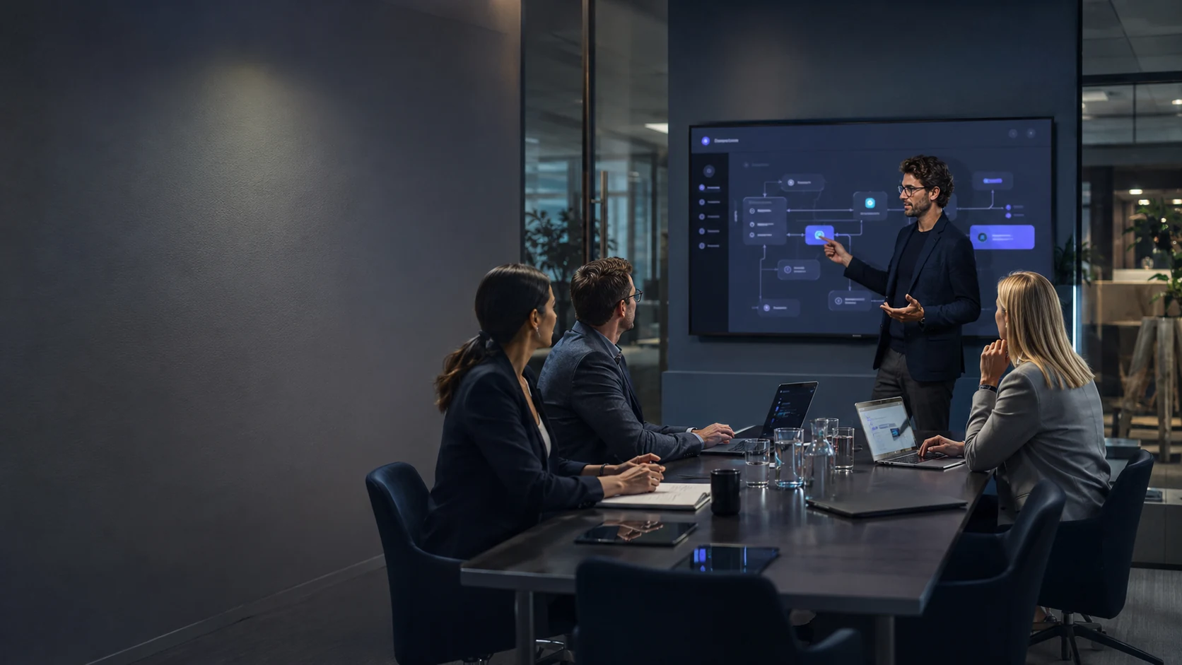 Team Wenexia in riunione strategica davanti a una dashboard AI di workflow e CRM